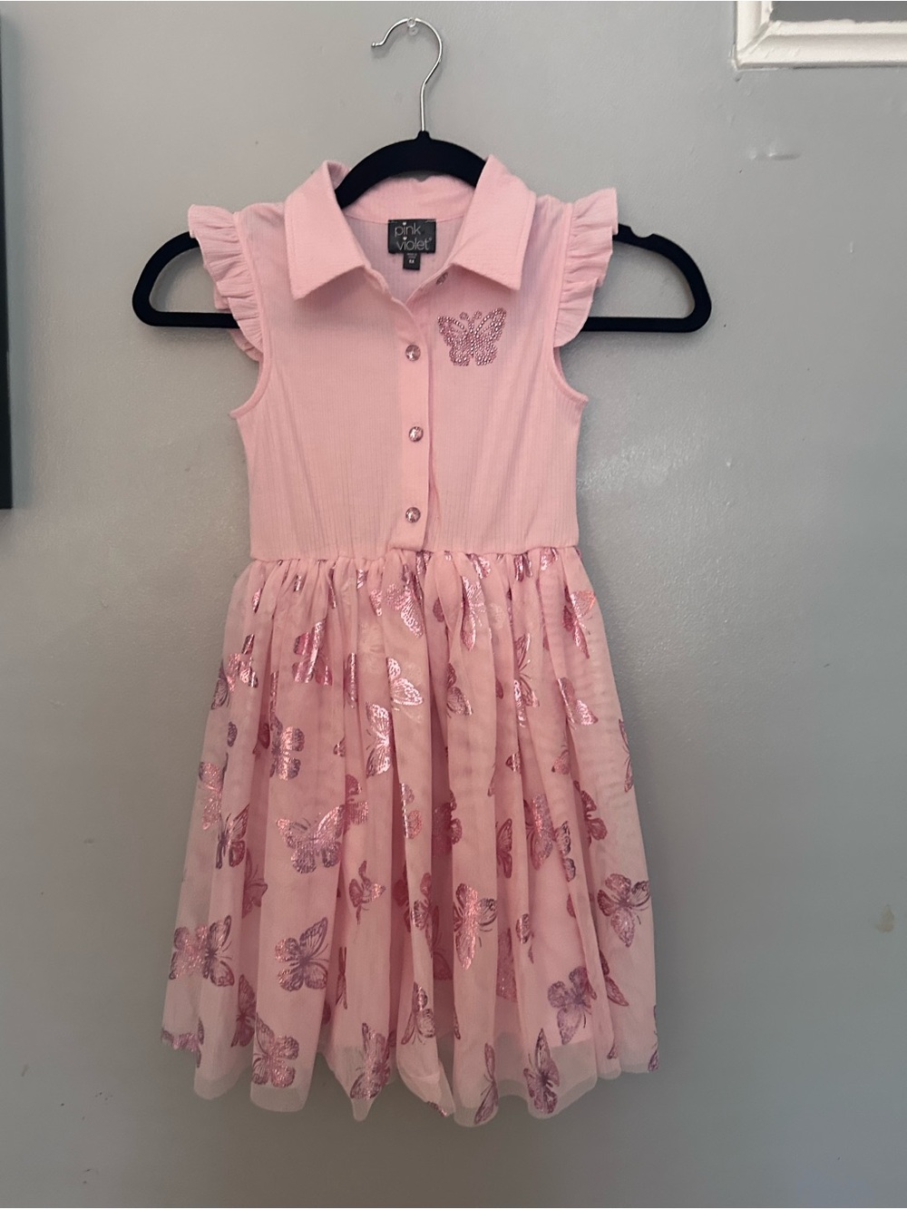Pink Violet Girls' Pink Butterfly Collared Dress